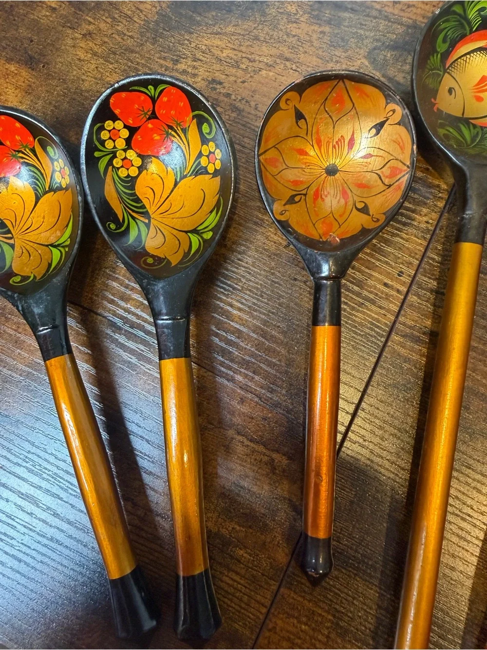 Hand-Painted Black and Gold Wooden Decorative Spoons Set of 5